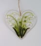 Snowdrop suncatcher, fused glass heart, mothers day gift, home decor. 