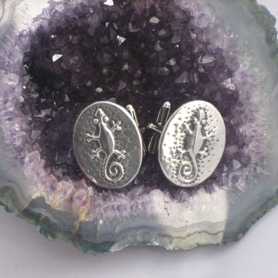 Gecko Lizard Cufflinks in Silver Pewter