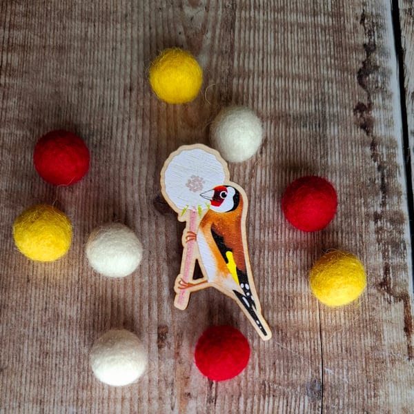 Goldfinch and Dandelion Wooden Pin Brooch