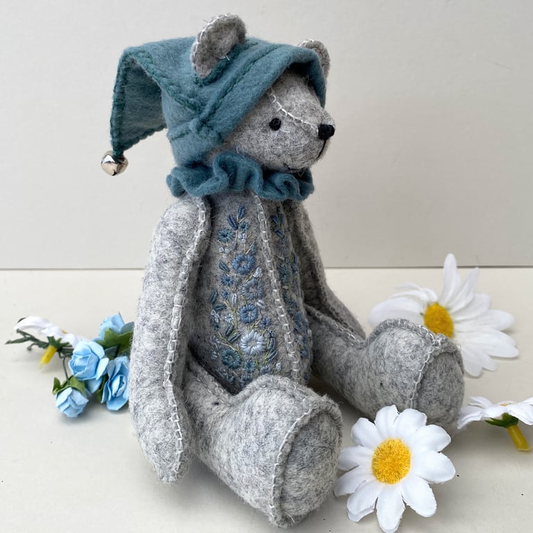 Hand embroidered woodland elf teddy bear, collectable artist bear