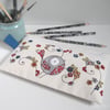 freehand embroidered floral bird large case or purse - red blue