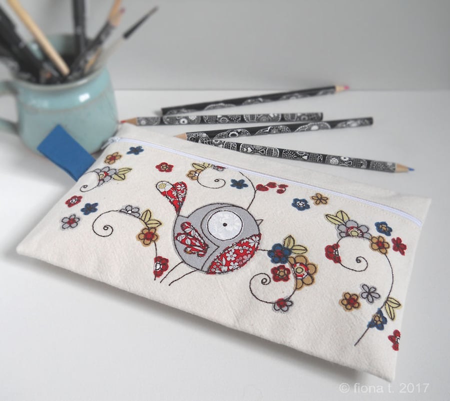 freehand embroidered floral bird large case or purse - red blue