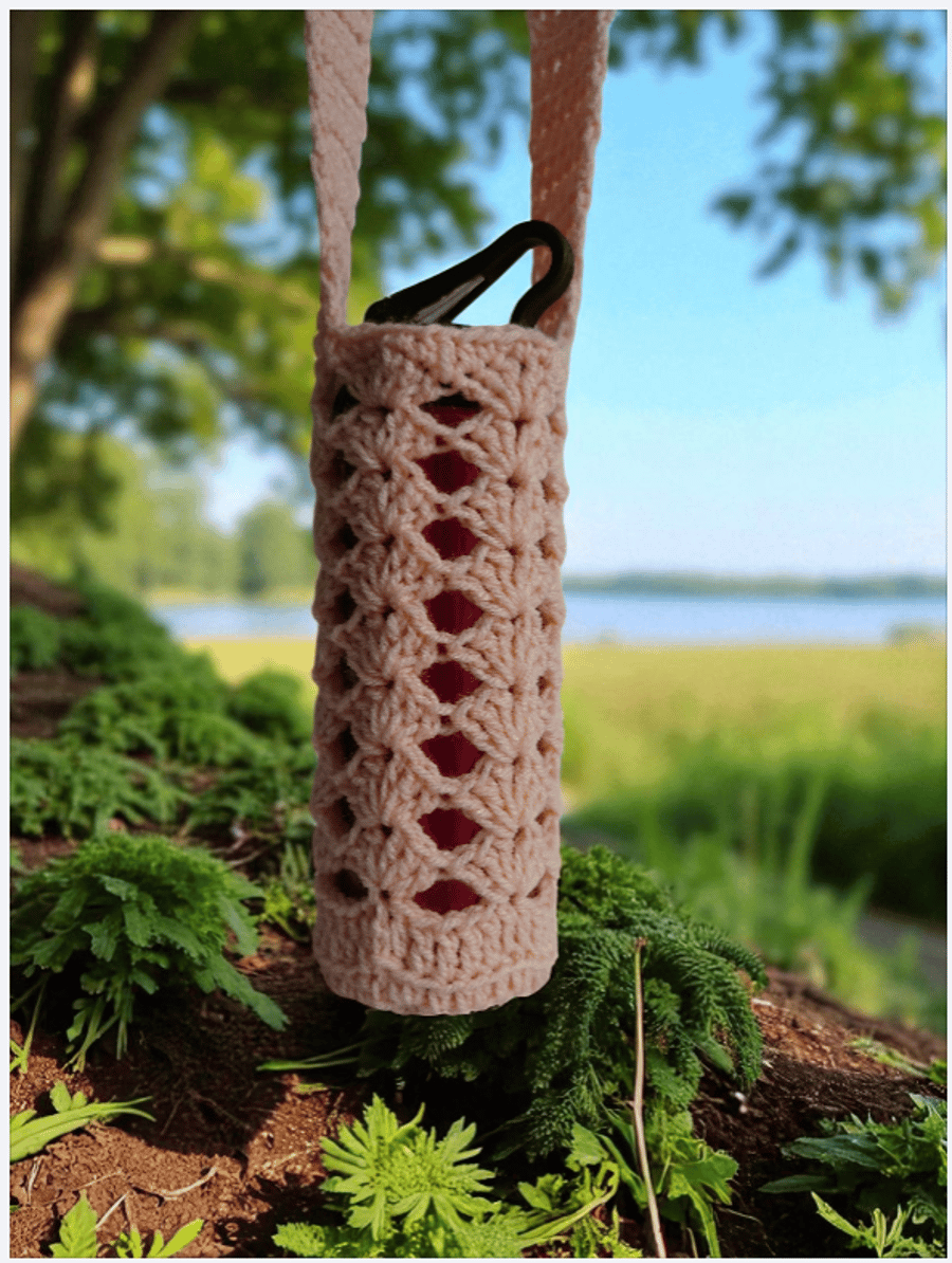 Hand Crochet Water Bottle Holder Crossbody Water Bottle Carrier - Apricot