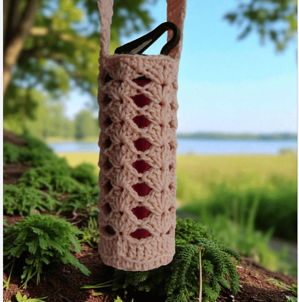 Hand Crochet Water Bottle Holder Crossbody Water Bottle Carrier - Apricot