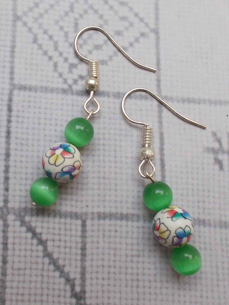 Pretty Green Glass Earrings with Flowers