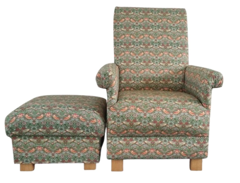 William Morris Strawberry Thief Sage Green Fabric Adult Chair & Footstool Birds