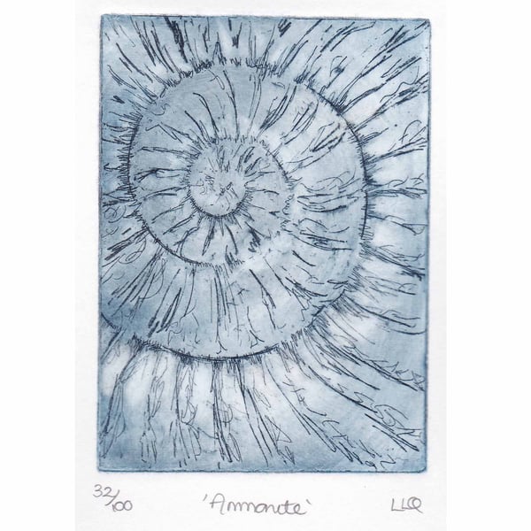 Etching no.32 of an ammonite fossil in an edition of 100