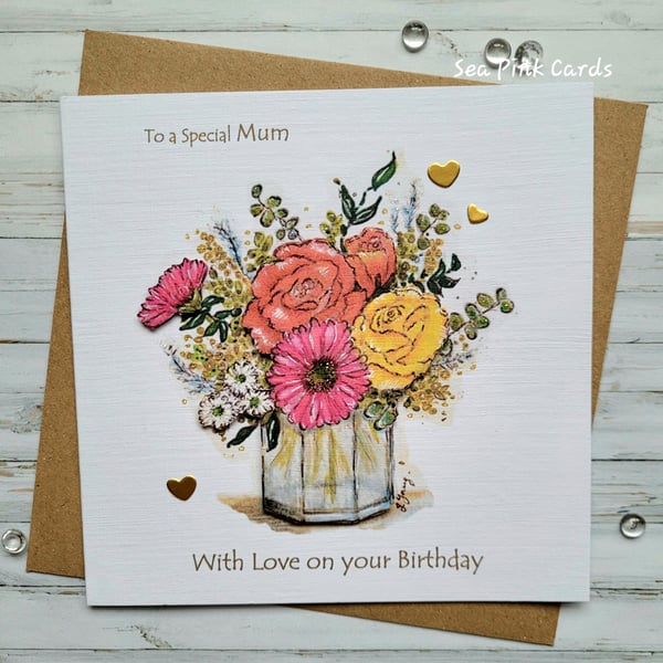 Birthday Card Mum - Jar of flowers, roses, gerbera, handcrafted, 3D card