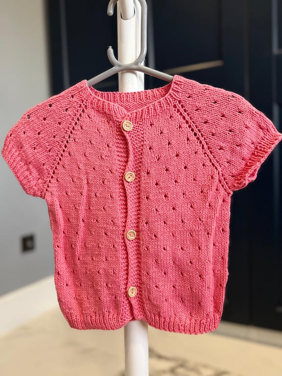 Hand-Knitted Baby Sleeveless Cardigan Vest with Bobbles– Coral Pink (9-12m)
