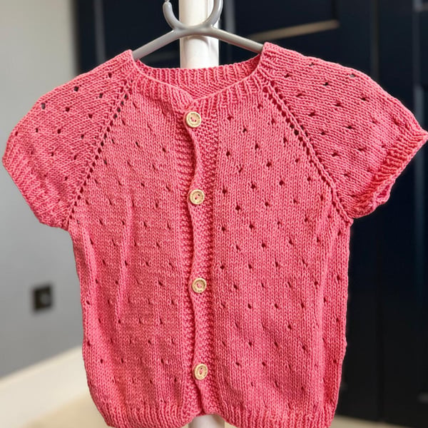 Hand-Knitted Baby Sleeveless Cardigan Vest with Bobbles– Coral Pink (9-12m)