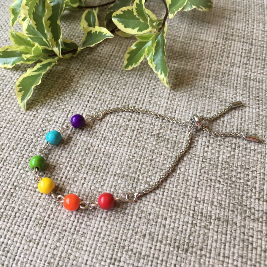 Rainbow bead and silver slider chain bracelet