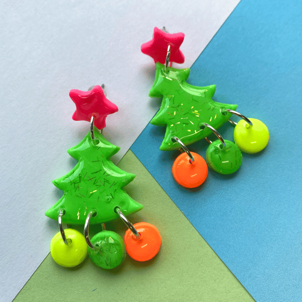 Christmas Tree Earrings, Polymer clay Christmas tree earrings, Sparkly tree