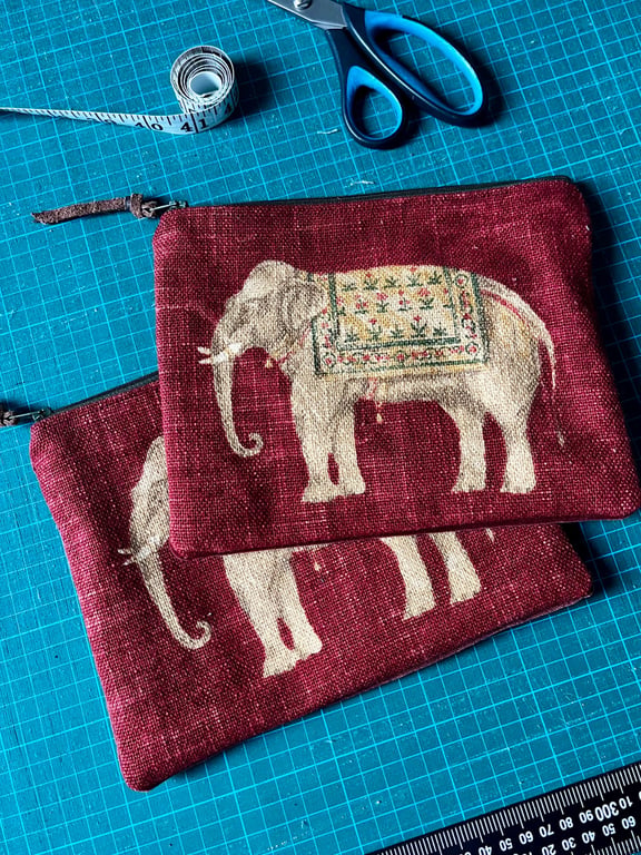 Reclaimed elephant linen zip pouch with velvet back and vintage floral lining