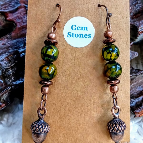DRAGON'S VEIN gemstone beads with copper ACORN charm accent EARRINGS