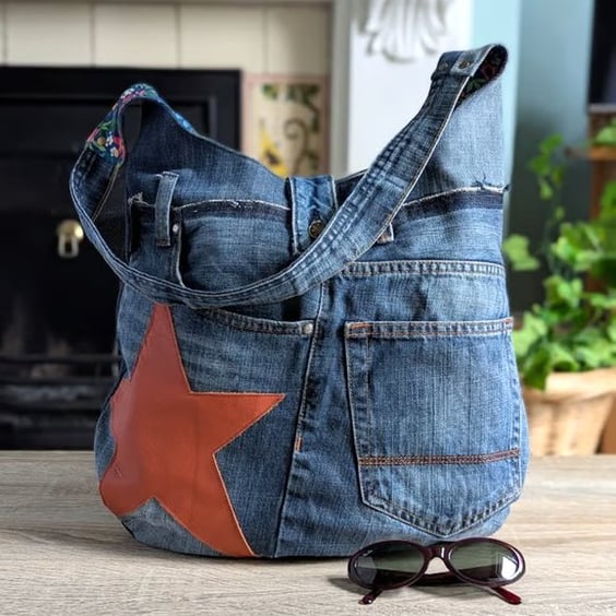 Large Recycled Denim Shoulder Tote Bag with Tan Leather Star Motif