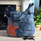 Large Recycled Denim Shoulder Tote Bag with Tan Leather Star Motif