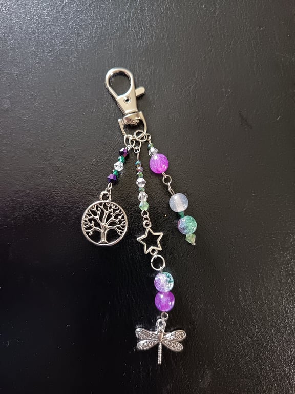 Cottagecore dragonfly and tree of life bag charm with green and purple beads