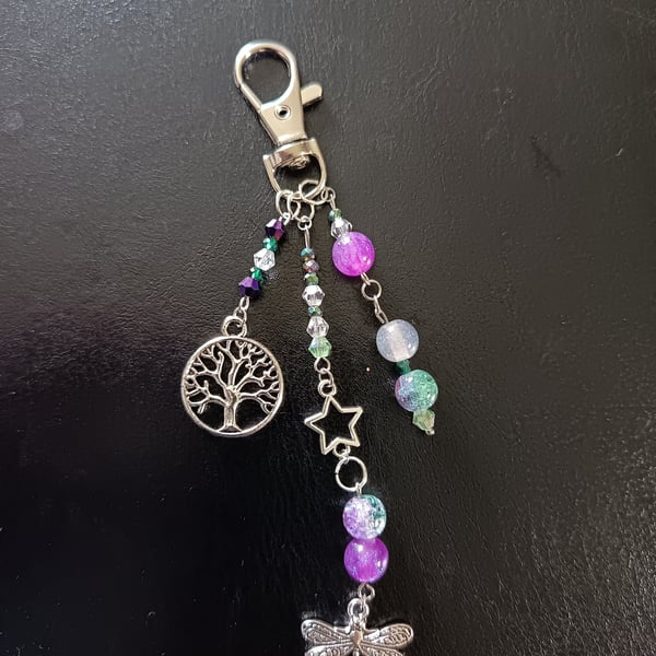 Cottagecore dragonfly and tree of life bag charm with green and purple beads