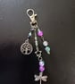 Cottagecore dragonfly and tree of life bag charm with green and purple beads