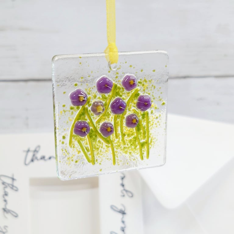 Thank You Gift and Card in One with Floral Fused Glass Violets Keepsake