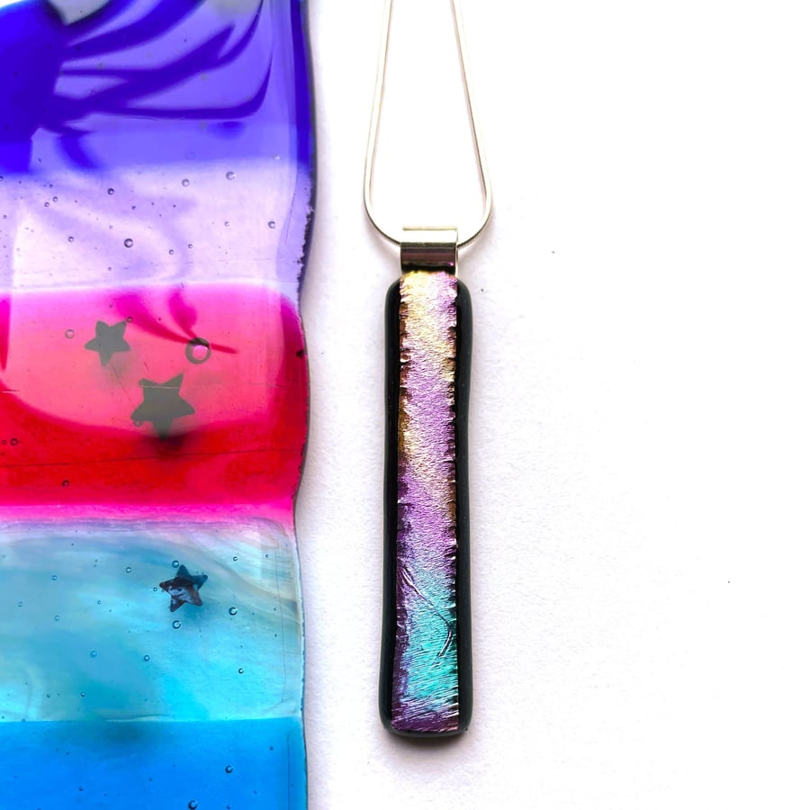 Slender pink and blue fused glass pendant 