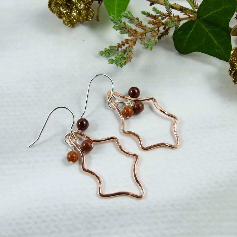 Earrings, Christmas Holly Leaf Copper and Sterling Silver with Glass & Gemstones