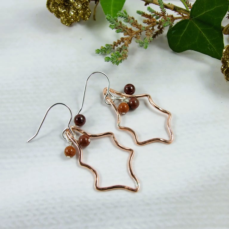 Earrings, Christmas Holly Leaf Copper and Sterling Silver with Glass & Gemstones