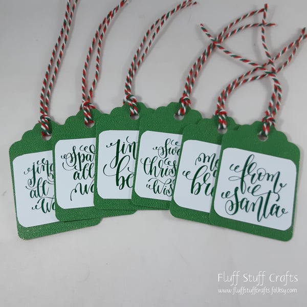 Pack of 6 Christmas gift tags - green foiled swirly Christmas greetings