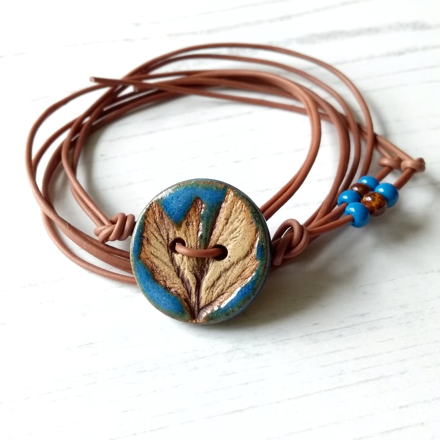 Vegan Leaf Button Wrap Bracelet in Blue