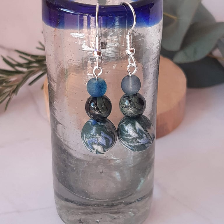 Forest green and sea blue dangly polymer clay earrings