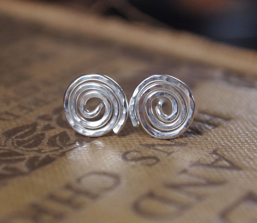 Spiral silver stud earrings, hammered silver studs