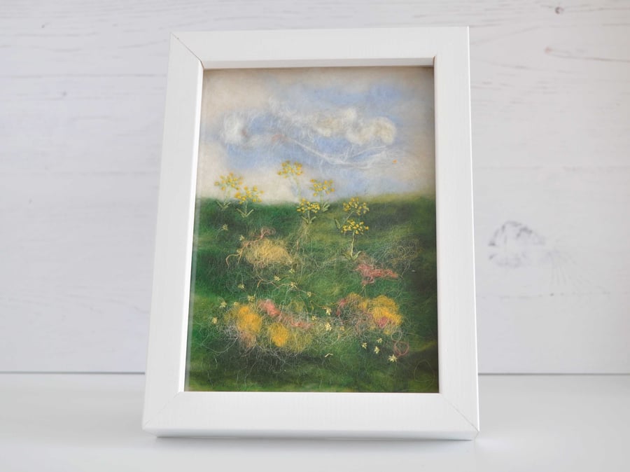 Embroidered spring meadow on a needle-felted background - framed