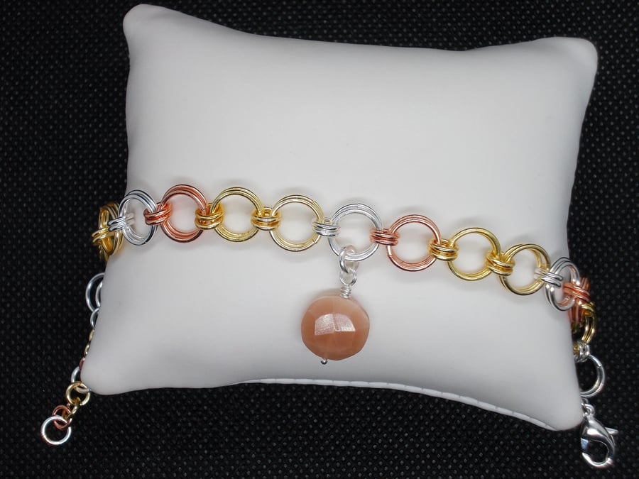 SALE - Multi colour chainmaille bracelet with peach moonstone charm