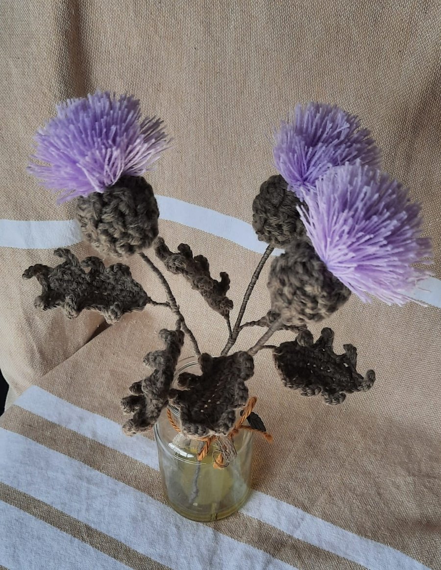 Set of 3 Everlasting Crochet Scottish Thistles – Handcrafted Botanical Bouquet