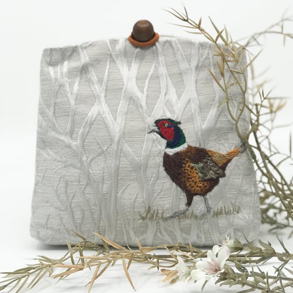 clutch bag with hand embroidered pheasant