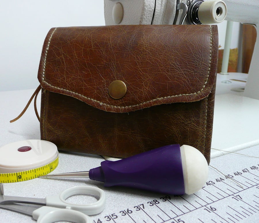 Distressed leather purse, brown leather ladies wallet, NCW mini, 