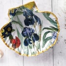 Large Scallop Shell Trinket Dish in a Blue Iris & Butterfly Design