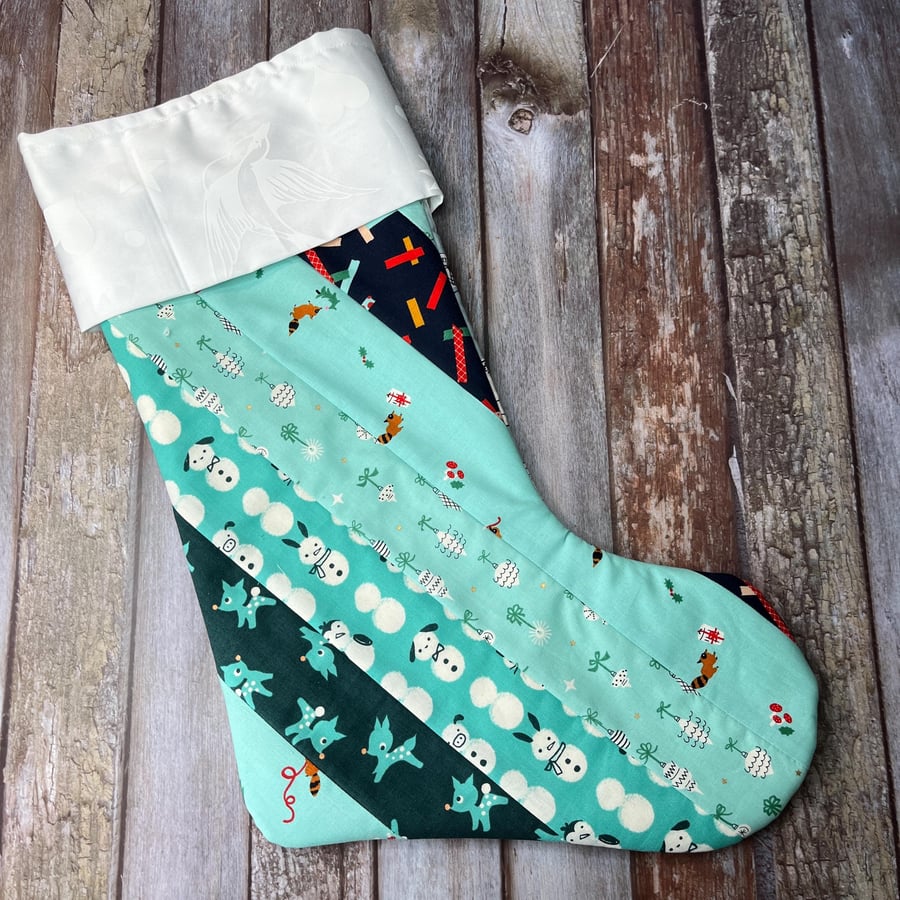 Quilted Christmas Stocking, Patchwork Green Christmas Stocking, Santa Sock