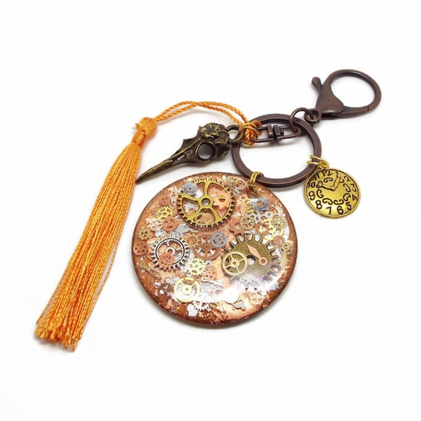 Steampunk Goth Bag Charm Keyring with Cogs and Skull