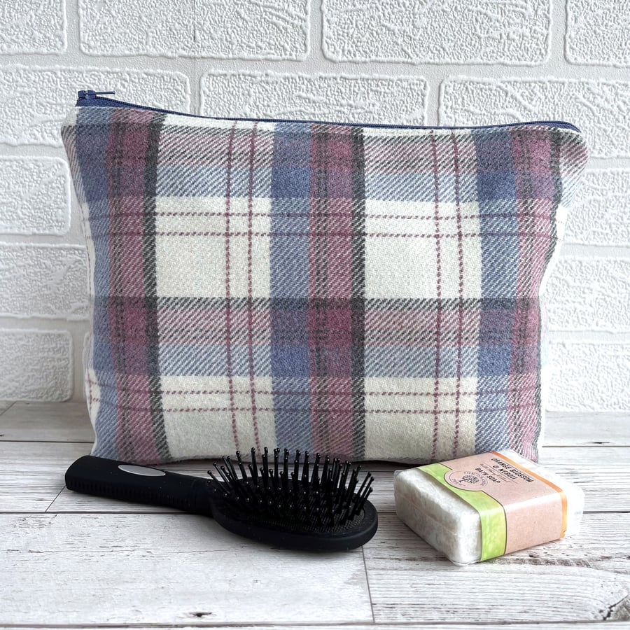 Tartan Toiletry Bag in Cream, Pink and Blue
