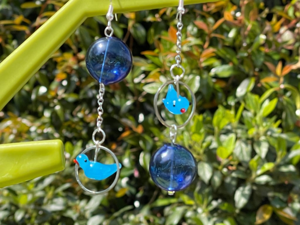 BIRD and bubble earrings Czech glass blue mismatched silver tone cute
