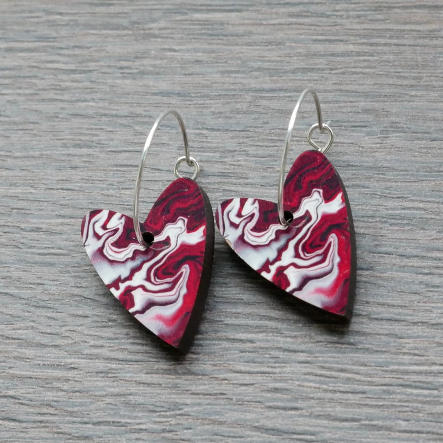Red Marble Heart Charm Hoop Dangle Earrings