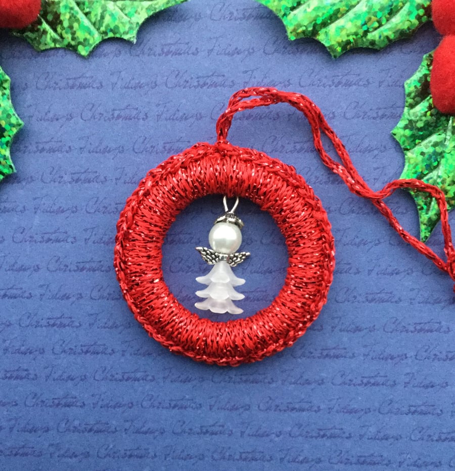 Crochet Christmas Tree Decoration in Red with White Beaded Angel