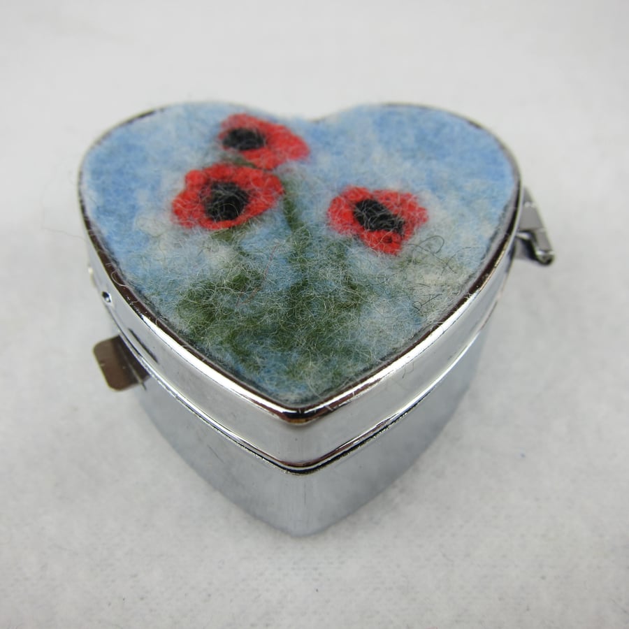 Heart shaped pill box or trinket box with poppy decoration
