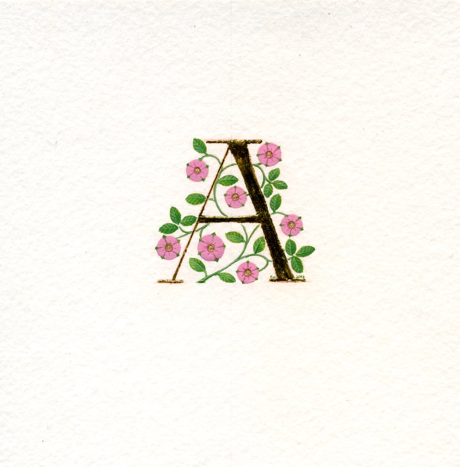 Initial letter A in 23c gold leaf with pink roses handmade Xmas gift.