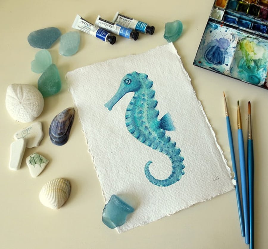 Seahorse turquoise original watercolour painting illustration seaside series