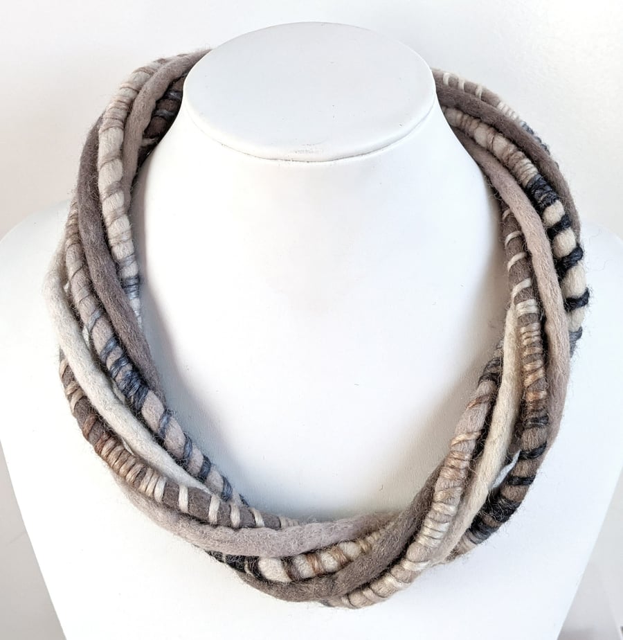 The Wrapped Twist: felted cord necklace in shades of stone and mink