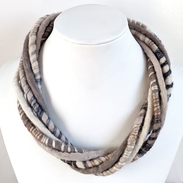 The Wrapped Twist: felted cord necklace in shades of stone and mink