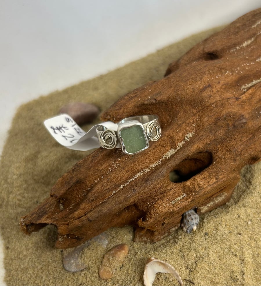Gorgeous sea glass and sterling silver ring with spirals