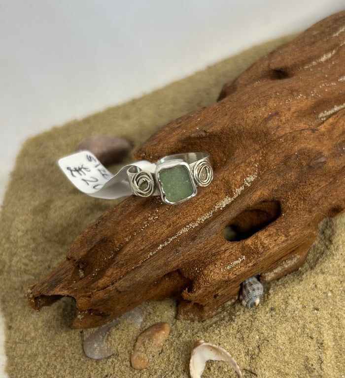 Gorgeous sea glass and sterling silver ring with spirals